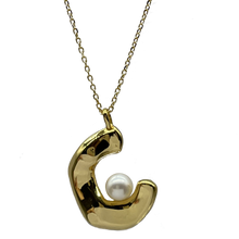 Load image into Gallery viewer, 18K gold plated over 925 sterling silver pendant and chain  Polish finish Cloud pendant 25mm from top to bottom, holding a Round White Freshwater pearl 6.5mm  Chain is adjustable from 40 to 46cm in length  Matching earrings available named &#39;Cloud&#39; earrings
