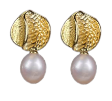 Load image into Gallery viewer, 18K gold plated sterling silver with white Freshwater Drop shaped pearl 9.5mm  Stud fitting with overall earring length of 25mm.
