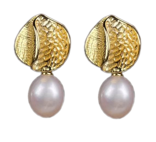 18K gold plated sterling silver with white Freshwater Drop shaped pearl 9.5mm  Stud fitting with overall earring length of 25mm.