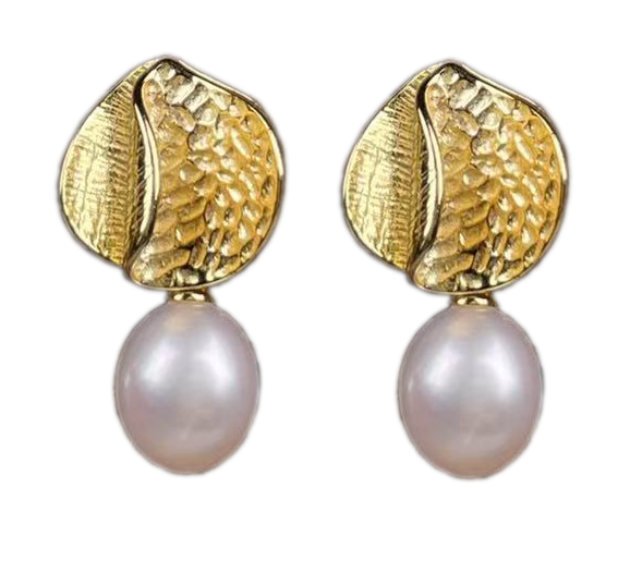 18K gold plated sterling silver with white Freshwater Drop shaped pearl 9.5mm  Stud fitting with overall earring length of 25mm.