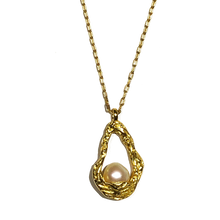 Load image into Gallery viewer, 18K gold plated over 925 sterling silver pendant and chain  Textured finish pendant holding a Round shape White Freshwater pearl  Chain is adjustable from 40 to 46cm in length
