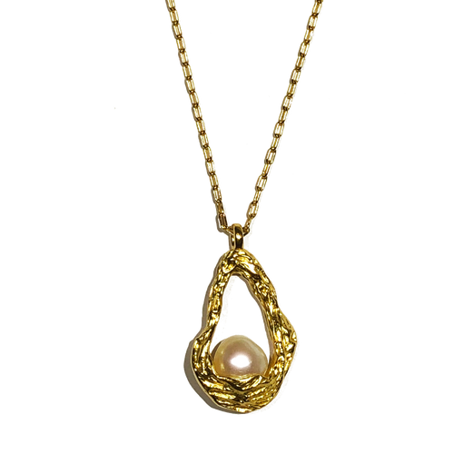 18K gold plated over 925 sterling silver pendant and chain  Textured finish pendant holding a Round shape White Freshwater pearl  Chain is adjustable from 40 to 46cm in length