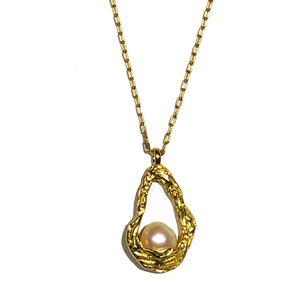 18K gold plated over 925 sterling silver pendant and chain  Textured finish pendant holding a Round shape White Freshwater pearl  Chain is adjustable from 40 to 46cm in length