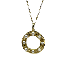Load image into Gallery viewer, 18K gold plated over 925 sterling silver pendant and chain  Polish and textured finish pendant with eight small Button shape White Freshwater pearls 3mm  Pendant is 27mm from top to bottom in height  Adjustable chain 40-46cm
