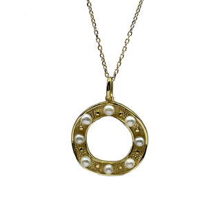 18K gold plated over 925 sterling silver pendant and chain  Polish and textured finish pendant with eight small Button shape White Freshwater pearls 3mm  Pendant is 27mm from top to bottom in height  Adjustable chain 40-46cm