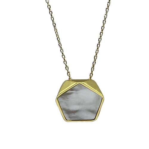 18K gold plated over 925 sterling silver pendant and chain  Polish finish pendant with White Mother of Pearl in the centre   Pendant is 18mm from top to bottom in height  Adjustable chain 40-46cm