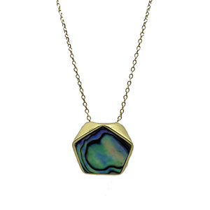 18K gold plated over 925 sterling silver pendant and chain  Polish finish pendant with Blue Green NZ Paua shell in the centre   Pendant is 18mm from top to bottom in height  Adjustable chain 40-46cm