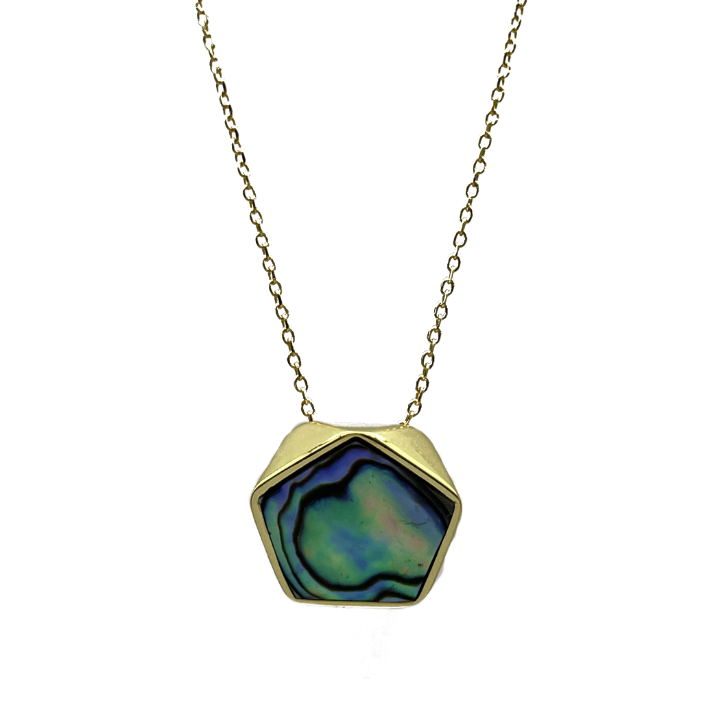 18K gold plated over 925 sterling silver pendant and chain  Polish finish pendant with Blue Green NZ Paua shell in the centre   Pendant is 18mm from top to bottom in height  Adjustable chain 40-46cm
