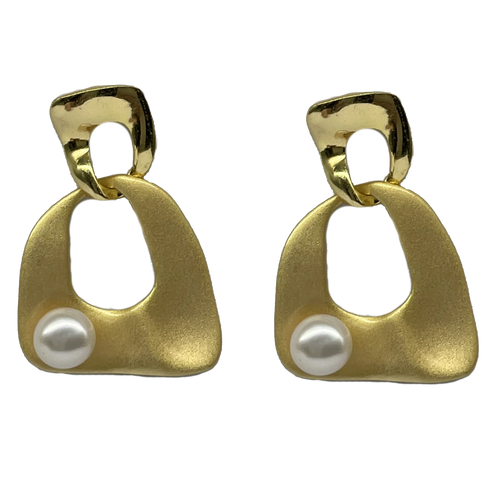 18K gold plated over 925 sterling silver stud style earrings  Twin textured polish finish and satin finish earrings with White Button shape Freshwater pearls 6.5-7mm   Overall earring length of 30mm.