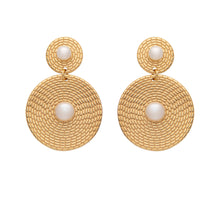 Load image into Gallery viewer, 18K gold plated over 925 sterling silver stud style earrings  Rippled texture double  disc featuring white button shaped pearls in the centre of each disc, one is 7mm and the other is 5mm  Overall earring length of 40mm.
