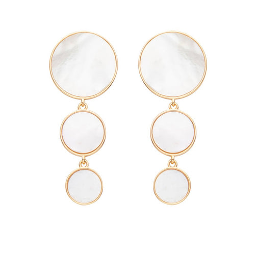 18K gold plated over 925 sterling silver stud style earrings  Polish finish earrings featuring three Mother of Pearl round discs, the largest top one is 15mm  Overall earring length of 40mm.