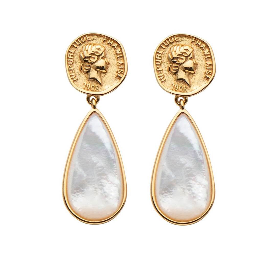 18K gold plated over 925 sterling silver stud style earrings  Polish finish earrings featuring a Gold Coin at the stud with drop shape Mother of Pearl underneath  Overall earring length of 35mm.
