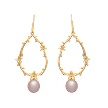 Load image into Gallery viewer, 18K gold plated over 925 sterling silver hook  style earrings  Featuring a flora oval shape hoop with natural pink round shape 10mm freshwater pearls  Overall earring length of 60mm.
