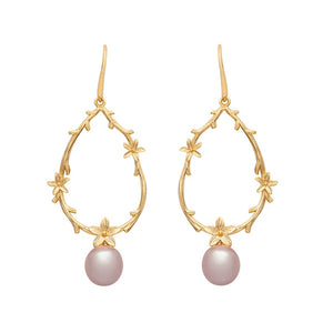 18K gold plated over 925 sterling silver hook  style earrings  Featuring a flora oval shape hoop with natural pink round shape 10mm freshwater pearls  Overall earring length of 60mm.