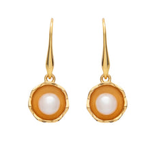 Load image into Gallery viewer, 18K gold plated polish finish over 925 sterling continental clip style earrings  Featuring White Freshwater Button shape pearls 6.5mm in the centre of the Buttercup   Overall earring length of 30mm.  Matching pendant available see Buttercup Pendant
