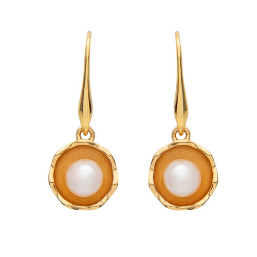 18K gold plated polish finish over 925 sterling continental clip style earrings  Featuring White Freshwater Button shape pearls 6.5mm in the centre of the Buttercup   Overall earring length of 30mm.  Matching pendant available see Buttercup Pendant