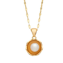 Load image into Gallery viewer, 18K gold plated over 925 sterling silver pendant and chain  Satin finish pendant 20mm from top to bottom, holding a Button shape White Freshwater pearl 6.5-7mm in the Buttercup  Chain is adjustable from 40 to 46cm in length  Matching earrings available named &#39;Buttercup&#39; earrings
