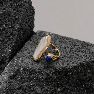 'Soulmate' Blue Lapis and Biwa Freshwater Pearl Ring