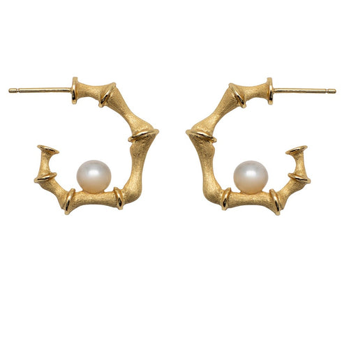 18K gold plated over 925 sterling silver stud style earrings  Satin finish earrings featuring Bamboo look and white Freshwater pearls Round in shape 5.5-6mm  Overall earring length of 25mm.  Also available in silver