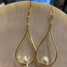 Load image into Gallery viewer, 18K gold plated Satin finish over 925 sterling silver hook style earrings  Featuring one single White Round Freshwater pearl 7-7.5mm  Overall earring length of 65mm.
