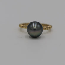 Load image into Gallery viewer, This ring is stunning in its simplicity.  It features a Tahitian South Sea pearl,&nbsp; Round in shape, and 9.5mm in size.  It is Peacock Green in color, AAA grade and set in a 9ct Yellow Gold ring band.  Size L&nbsp;&nbsp;  J3097
