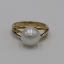 Load image into Gallery viewer, Lucinda is our stunning Australian South Sea pearl ring This ring is set in a two tone setting of 9ct White Gold and 9ct Yellow Gold.  It features a Round shape pearl, 10.3mm in size and White with a Silver hues in color, AAA grade  Size N (54)  J3100
