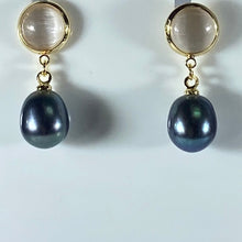 Load image into Gallery viewer, 14ct yellow gold plated over Sterling silver Drop style earrings with stud post featuring &quot;Cats Eye&quot; stones at top with large 9mm Drop shape Freshwater pearl, Dark Green in colo
