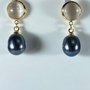 14ct yellow gold plated over Sterling silver Drop style earrings with stud post featuring "Cats Eye" stones at top with large 9mm Drop shape Freshwater pearl, Dark Green in colo