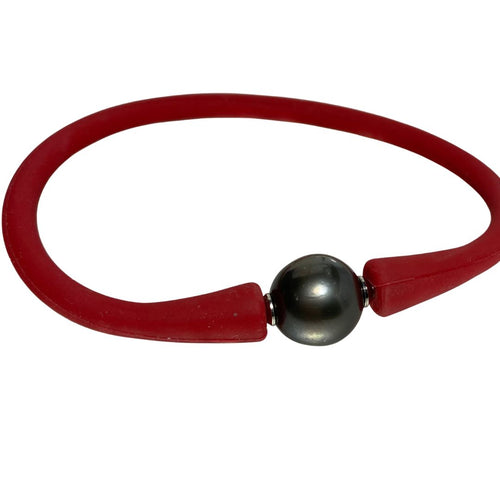 Silicone bracelet featuring interchangeable Tahitian South Sea pearl, Drop in shape, 11.2mm in size and Aubergine in color  This pearl can also be worn with the silicone necklace band or change colors of bracelet band - chose red, navy, black, beige, pink or grey