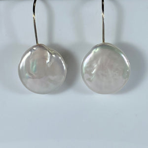 925 Sterling silver Hook style earrings, featuring a White Coin Freshwater Pearl 19mm  Overall height 35mm