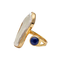 Load image into Gallery viewer, &#39;Soulmate&#39; Blue Lapis and Biwa Freshwater Pearl Ring
