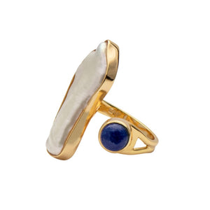 'Soulmate' Blue Lapis and Biwa Freshwater Pearl Ring