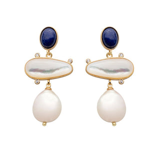 18K gold plated polish finish over 925 sterling silver stud style earrings  Featuring Blue Lapis and White Mother of Pearl and White Drop shaped Freshwater pearls
