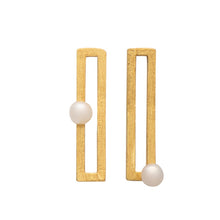Load image into Gallery viewer, 18K gold plated over 925 sterling silver stud style earrings  Satin finish earrings with White Button shape Freshwater pearls 4.5-5mm   Overall earring length of 30mm.
