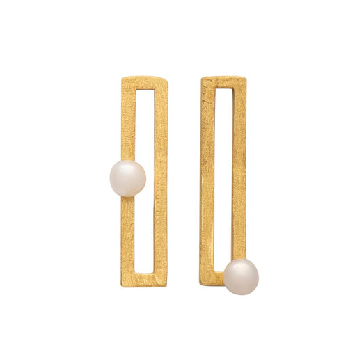 18K gold plated over 925 sterling silver stud style earrings  Satin finish earrings with White Button shape Freshwater pearls 4.5-5mm   Overall earring length of 30mm.