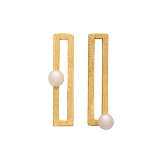18K gold plated over 925 sterling silver stud style earrings  Satin finish earrings with White Button shape Freshwater pearls 4.5-5mm   Overall earring length of 30mm.