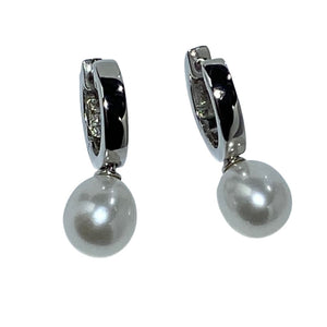 Sterling Silver 'Huggie' Earrings featuring Drop Shape White  7.5-8mm Pearls.