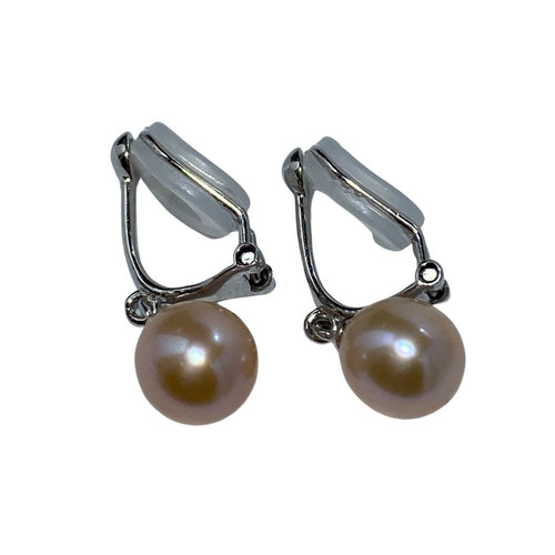 Clip On Drop Style Earring featuring Natural Pink 7.5-8mm Drop Shape Freshwater Pearls.  Also available in Black pearls - select below