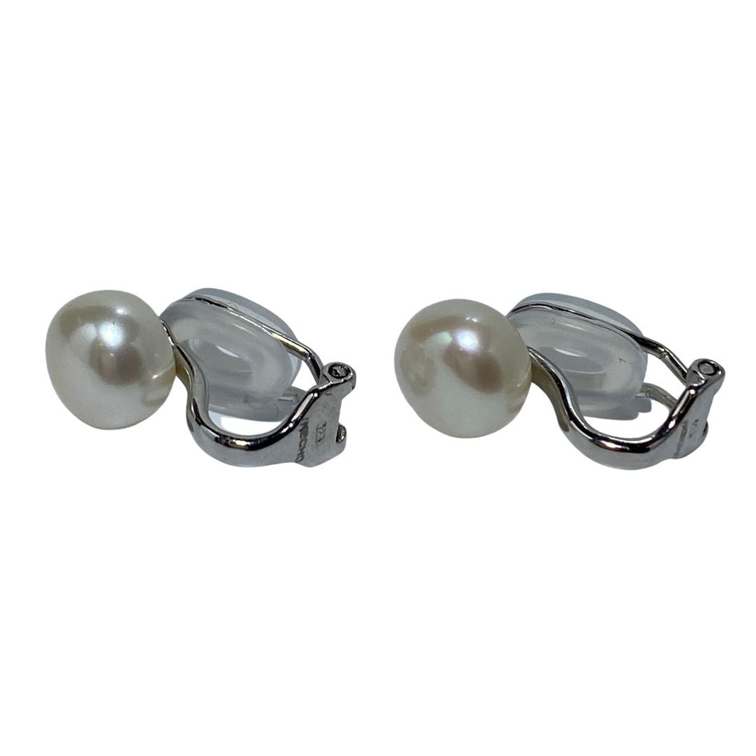 Sterling Silver Clip on Earrings with 9mm Freshwater Button Pearls, white in colour.  Also available with 7mm white button shape pearls