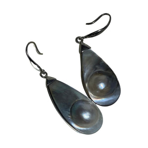 Tahitian South Sea Mabe or Blister pearl earrings  Handcrafted 925 Sterling silver 'hook' earrings  featuring round shape Mabe (or blister) pearls, in oval freeform design,  pastel blue with pink hues in color  45mm in length from top of hook to bottom of pearls
