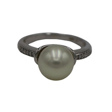 Load image into Gallery viewer, Australian South Sea pearl ring This ring is set in 925 sterling silver featuring a Round shape pearl, 10mm in size and White with subtle Cream hues in color, AAA grade The shoulders of this ring are set with Cubic Zirconia Size O1/2 (56) Rhodium coated for non-tarnish finish
