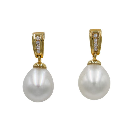 18ct Yellow Gold Plated over 925 Sterling Sliver 'Stud' style earrings featuring Cubic Zirconia and Australian South Sea Pearls, Drop in shape and 9.6 x 11.3mm in size They are White with subtle Silver hues in color with 