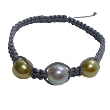 Load image into Gallery viewer, Macrame bracelet (thick thread grey) featuring an Australian (Broome) South Sea Pearl, Drop in shape, 10mm and two Golden South Sea,  Circle Drop 10mm in size  This bracelet is made from water and colorfast nylon material for heavy duty wear and tear, features no glue and no metal parts
