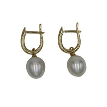 Load image into Gallery viewer, Australian South Sea Pearls on 9ct Yellow Gold &#39;Detachable&#39; cap settings, and 9ct Yellow Gold huggies The Pearls are Drop shape 9.2 x 11m in size and they are White with Silver hues in color Photograph shows earrings with pearls attached and the price is $770 Detachable Pearls with 9ct caps, on their own are $450 (without the Gold Huggies) Huggies can be purchased separately without Pearls for $320
