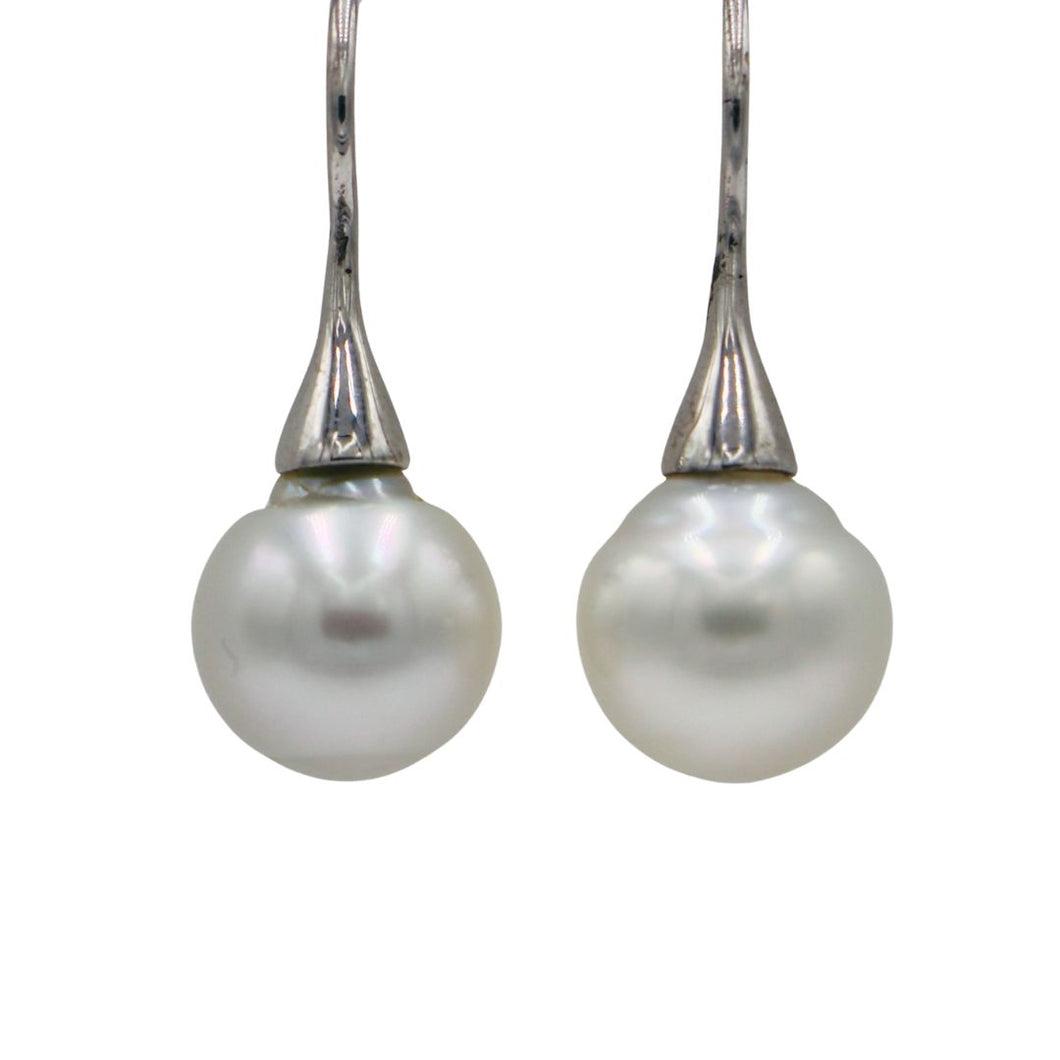 Australian South Sea pearl earrings set on 925 Sterling silver hooks Featuring 10mm pearls, Circle Drop in shape and Silver White in color J1771