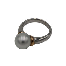 Load image into Gallery viewer, Australian South Sea pearl ring This ring is set in a two tone setting of 925 sterling silver and 9ct Rose Gold. It features a Round shape pearl, 11.2mm in size and White with a Silver hues in color, AAA grade Size P (57) Rhodium coated for non-tarnish finish
