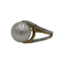 Load image into Gallery viewer, Australian South Sea pearl ring This ring is set in a two tone setting of 9ct White Gold and 9ct Yellow Gold. It features a Button shape pearl, 11.8mm in size and White with a Pink hues in color, AAA grade Size N (54)
