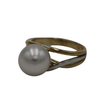 Load image into Gallery viewer, Australian South Sea pearl ring This ring is set in a two tone setting of 9ct White Gold and 9ct Yellow Gold. It features a Round shape pearl, 10.3mm in size and White with a Silver hues in color, AAA grade Size N (54)
