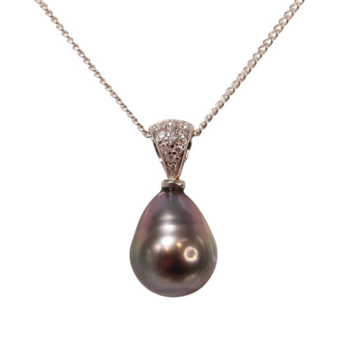 Tahitian South Sea pearl pendant featuring a Drop shape pearl 10.9 x 14mm in size and Pastel Aubergine in color. The pearl is set in 925 Sterling Silver set with Cubic Zirconias and is rhodium coated for a non-tarnish finish Chain included is Base Metal only