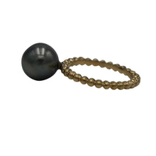 Load image into Gallery viewer, Tahitian South Sea pearl ring which features a Round shape pearl, 9.5mm in size. It is Peacock Green in color, AAA grade and set in 9ct Yellow Gold Size L
